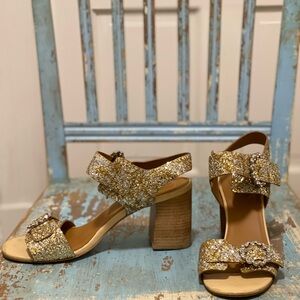See By Chloé Gold Glitter Bow Block Heel Sandals